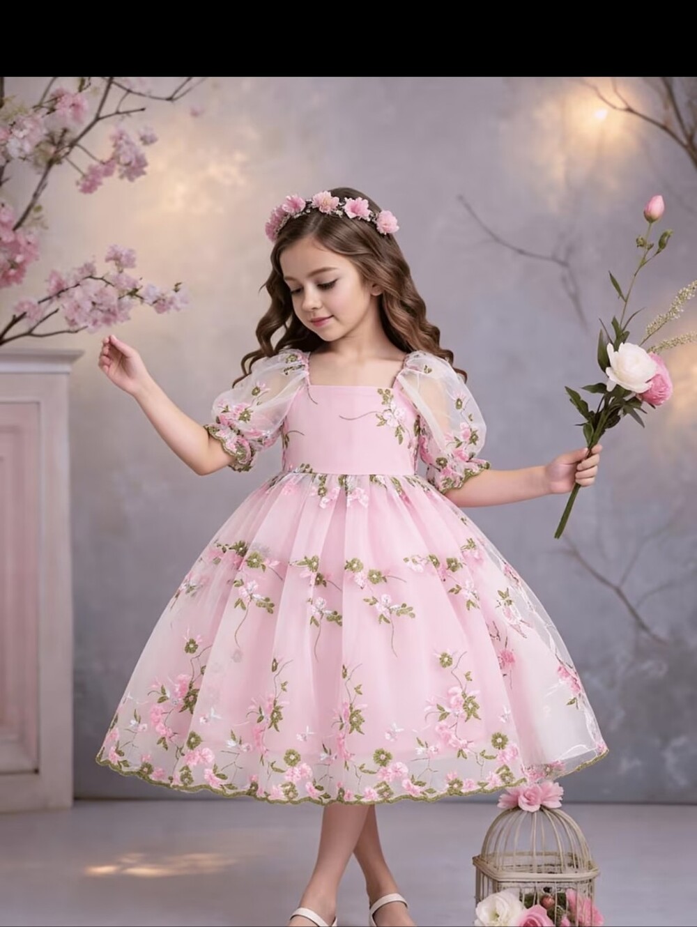 Girls Pink Embroidered Floral Dress sz 7yr #1369-1517